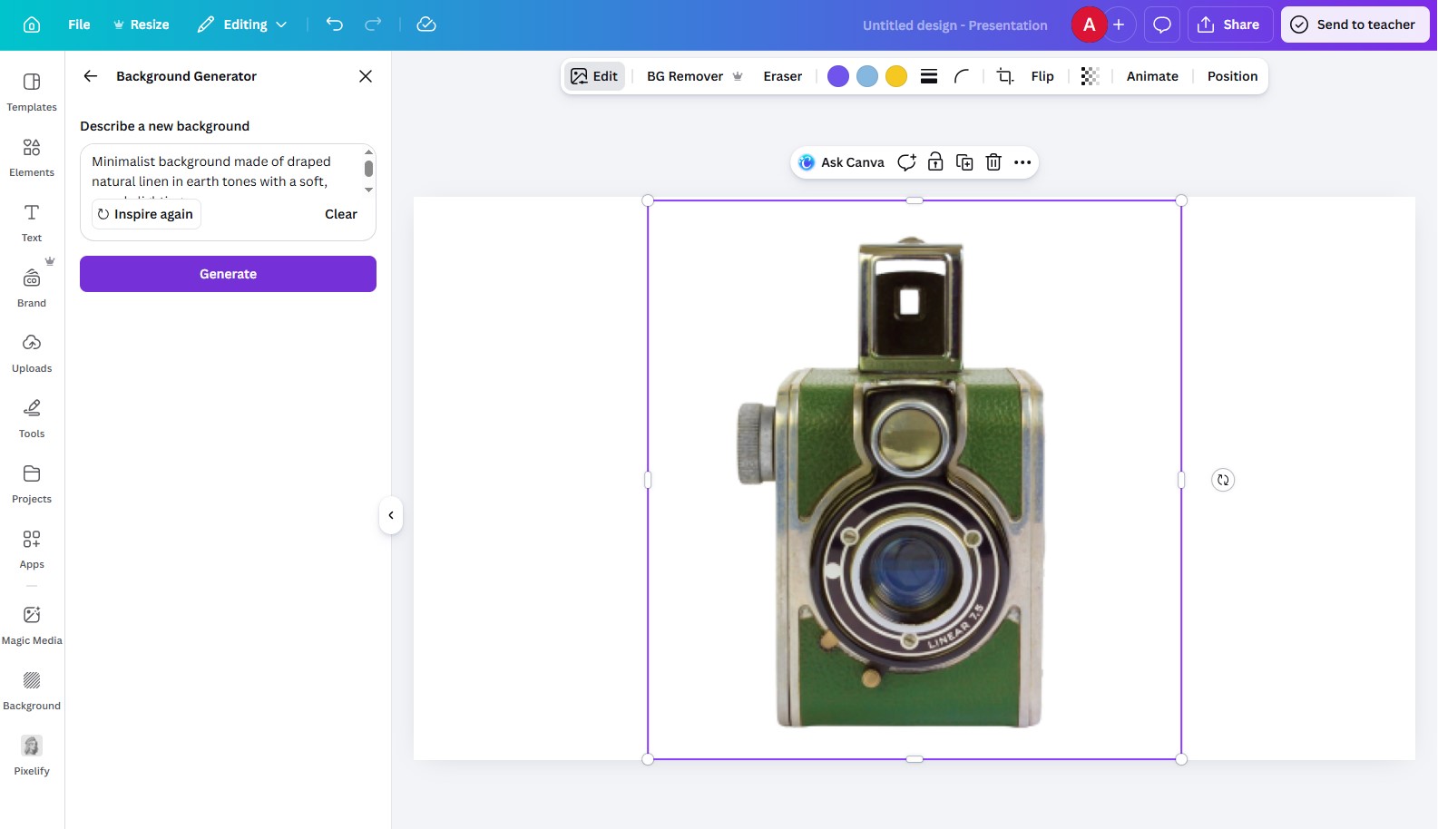 Canva AI background generator interface showing template library and generation tools
